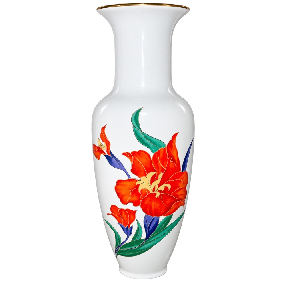 Vintage Japan White Porcelain Vase Red Floral Lily Design Gold Trim 12 Inch